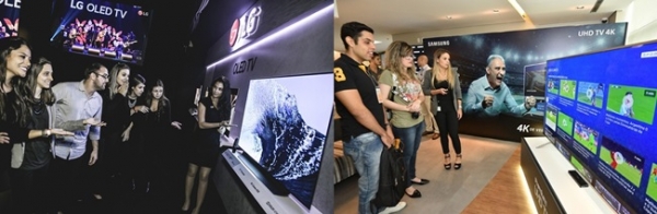 러시아 월드컵을 앞두고 삼성(오른쪽)과 LG는 대형 TV를 주력으로 총공세에 나섰다. 사진= 삼성, LG 제공