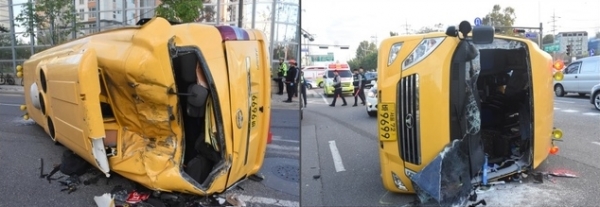 25일 오전 7시24분께 서울 송파구 방이동에서 고등학교 통학버스가 승용차와 충돌하는 사고가 발생했다. / 사진 = 뉴시스