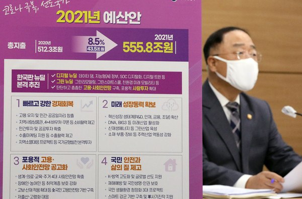 홍남기 부총리 겸 기획재정부 장관이 지난달 27일 정부세종청사에서 올해보다 43.5조원(8.5%) 늘어난 555.8조원으로 편성된 2021년도 예산안을 발표하고 있다. 2020.09.01. /사진=뉴시스