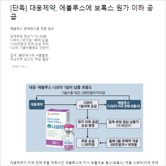 매일경제의 대웅제약 오보 사진/관련 화면 갈무리