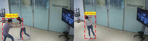 SKT AI 기술을 활용하면 발차기·주먹질·밀고당기기·쓰러짐·머리 때리기(자해)·드러눕기·달리기·배회하기·점프 등 총 9가지 도전적 행동을 인지해낼 수 있다. 이미지는 연구원이 CCTV 앞에서 밀고 당기는 모습과 머리를 때리는 모습을 AI가 인지한 화면 /  사진 = SKT 제공