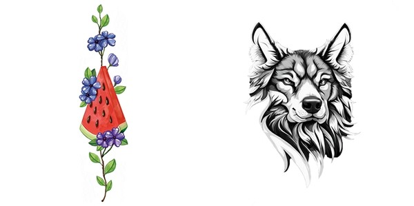 입력 텍스트 ‘삼각형 모양의 수박조각’, ‘보라색 꽃’, ‘녹색 잎’ 생성 도안입력 텍스트 ‘흑백’, ‘늑대 타투 디자인’ 생성 도안 / 자료 = LG생건
