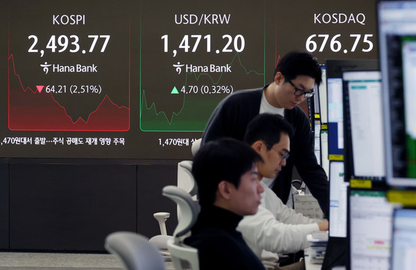 공매도 재개 첫날인 31일 서울 중구 하나은행 딜링룸에서 딜러들이 업무를 보고 있다. 코스피는 전 거래일(2557.98)보다 44.54포인트(1.74%) 내린 2513.44에, 코스닥 지수는 전 거래일(693.76)보다 10.34포인트(1.49%) 하락한 683.42에 거래를 시작했다. 서울 외환시장에서 원·달러 환율은 전 거래일 주간거래 종가(1466.5원)보다 4.1원 오른 1470.6원에 출발했다.    사진/뉴시스