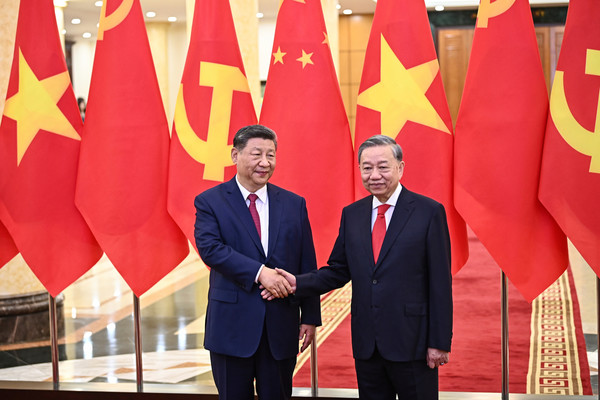 시진핑(왼쪽) 중국 국가 주석과 또 럼 베트남 공산당 서기장이 지난 14일(현지 시간) 베트남 하노이의 당 중앙위원회 청사에서 회담 전 악수하고 있다.     사진/뉴시스