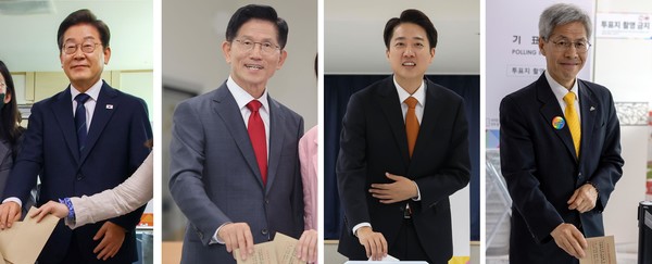 이재명(왼쪽사진부터) 더불어민주당 대선후보, 김문수 국민의힘 대선후보, 이준석 개혁신당 대선후보, 권영국 민주노동당 대선후보가 지난 29일 사전투표를 하고 있다. 이 후보는 신촌동 주민센터, 김 후보는 계양1동 주민센터, 이 후보는 동탄9동 행복복지센터, 권 후보는 여수 주암마을회관에서 각각 투표를 마쳤다.      사진/뉴시스